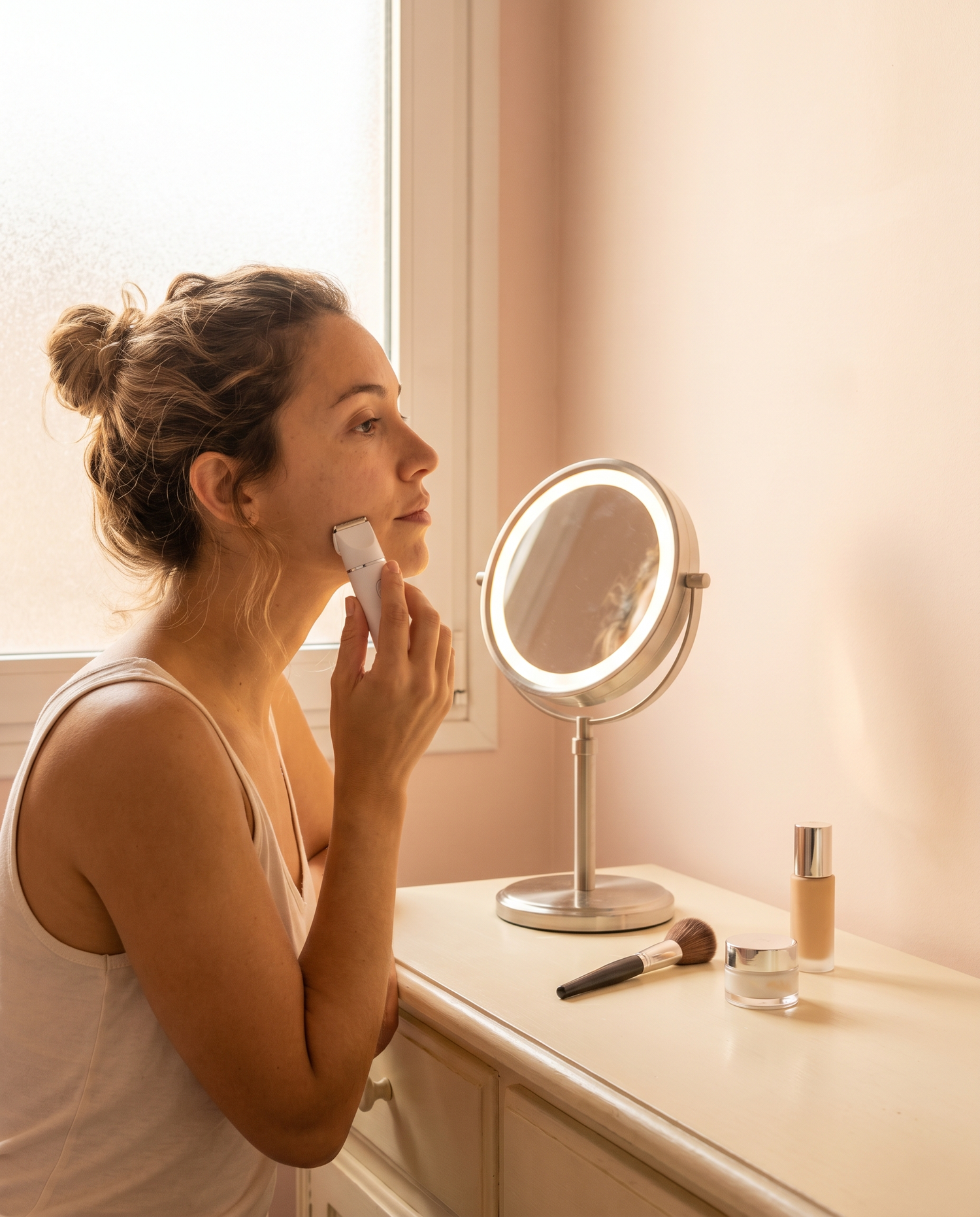 Lienzo lifestyle - mujer aplicando el trimmer antes del maquillaje