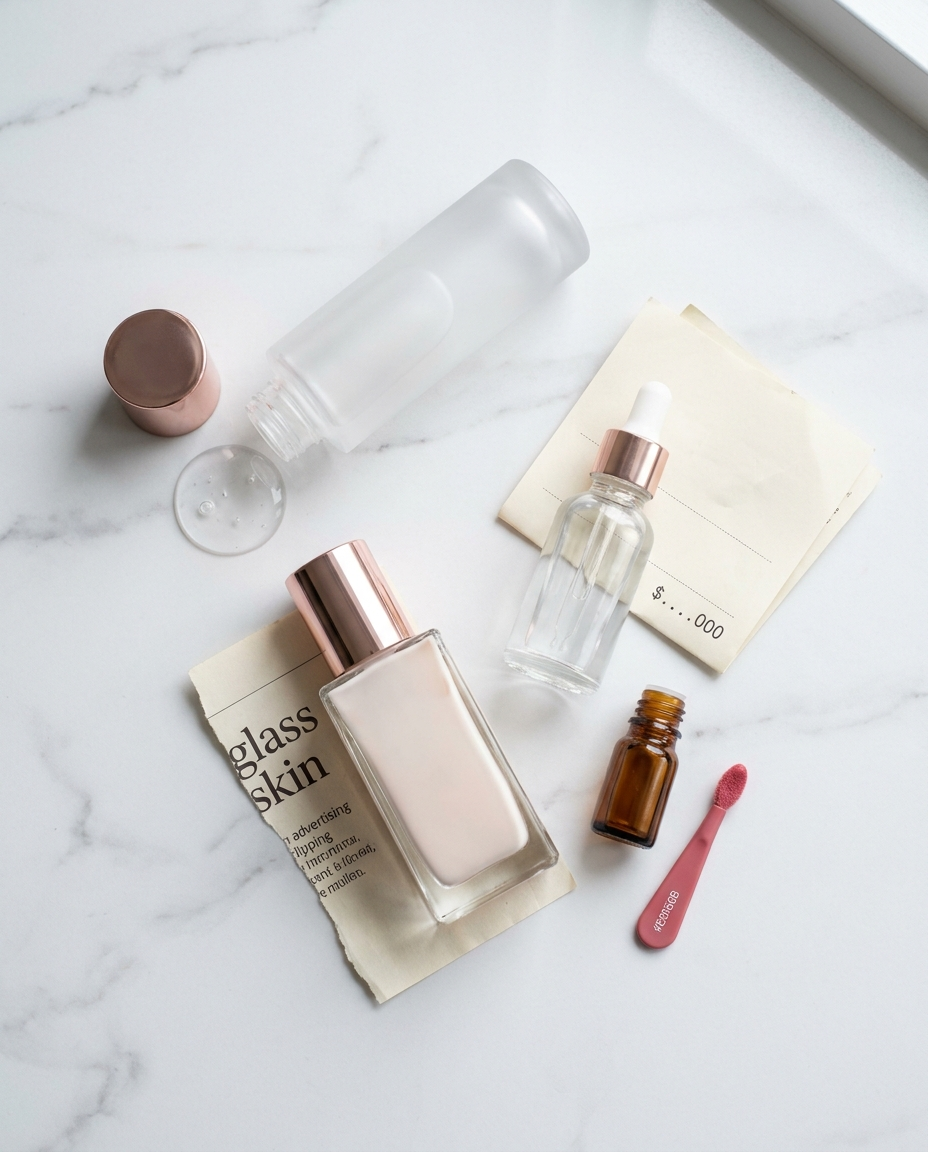 Dolor 3 — Flatlay de skincare premium glass-skin (cansada de gastar sin resultado)