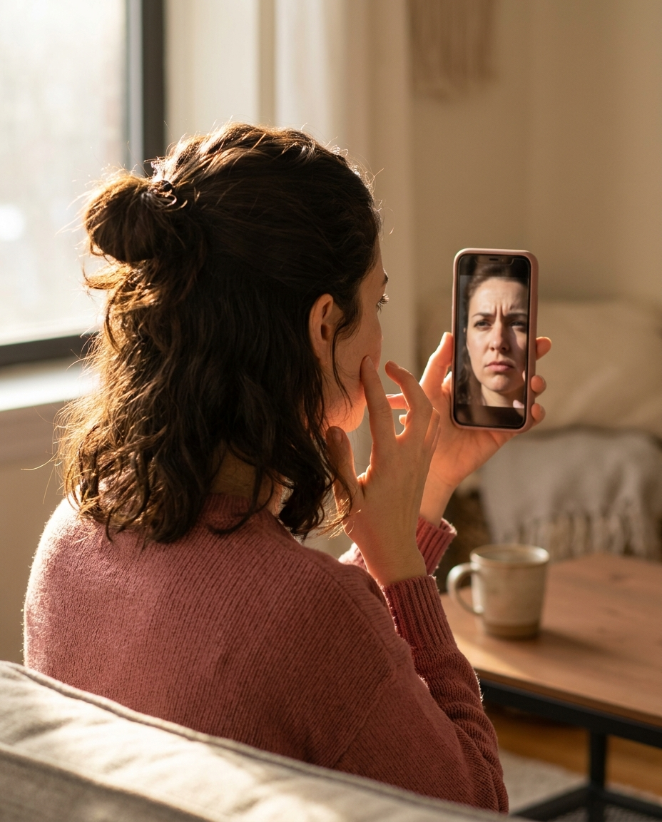 Dolor 4 — Mujer con iPhone camera frontal (cansada de esquivar primeros planos)