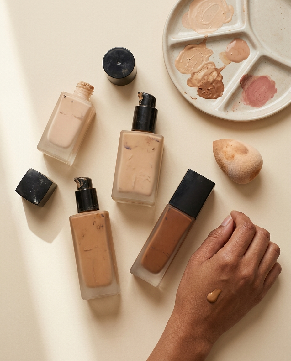 Dolor 1 — Flatlay de bases probadas (cansada de cambiar de base)